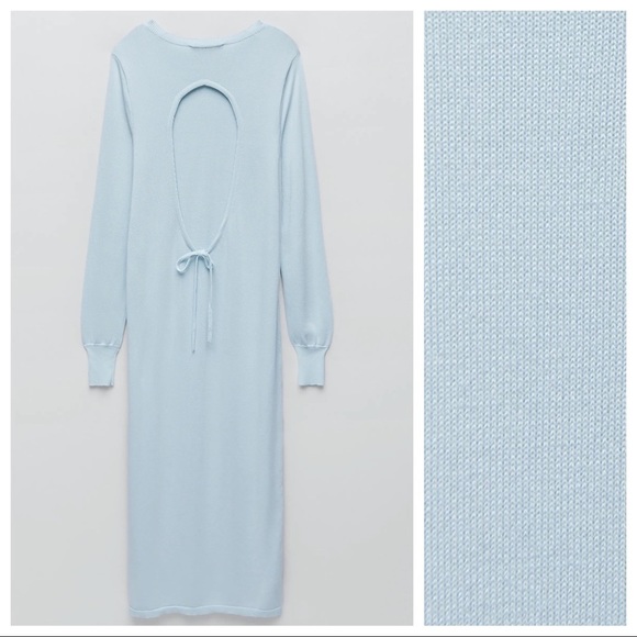NWT. Zara Light Blue Knit Midi Dress with Back Opening. Size M. - Picture 8 of 10